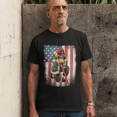 Alternative view of Fallen Firefighter American T-Shirt - Firefighter Kneeling T-Shirt