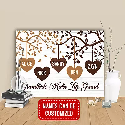 Personalized Grandkids Make Life Grand Vintage Tree Heart Woody Wrapped Framed Canvas Prints - Unframed Poster