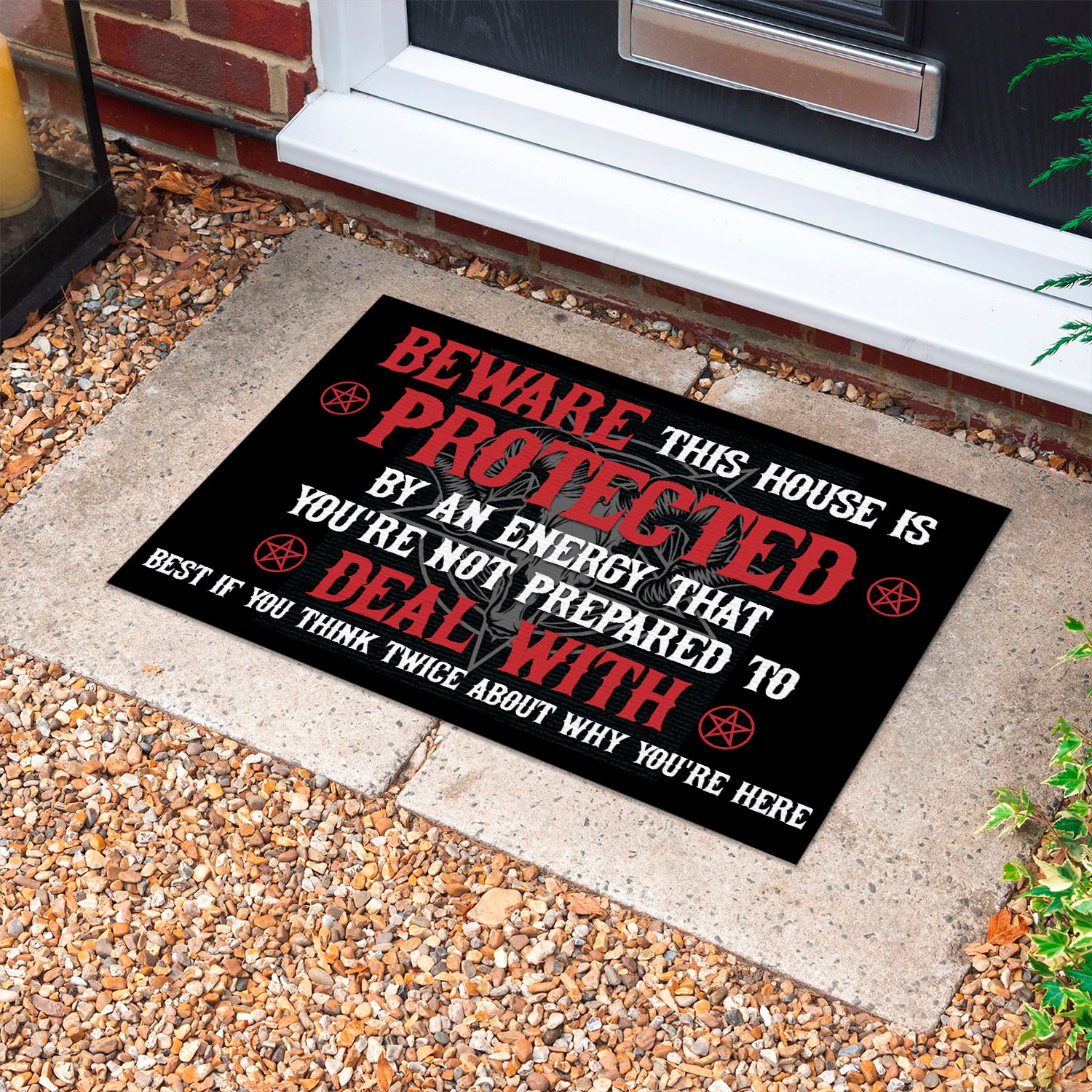 4VT. Satan Beware This House Is Protected Doormat mockup 10