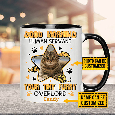 Personalized Photo Good Morning Human Servant Your Tiny Furry Overlord Funny Cat Ceramic Accent Coffee Mug