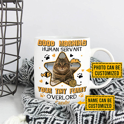 Alternative view of Personalized Photo Good Morning Human Servant Your Tiny Furry Overlord Funny Cat Ceramic Coffee Mug - Water Bottle