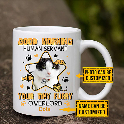 Personalized Photo Good Morning Human Servant Your Tiny Furry Overlord Funny Cat Ceramic Coffee Mug - Water Bottle