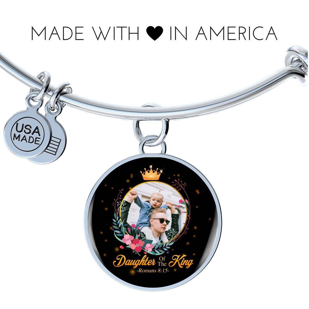 Personalized Photo Daughter of The King Romans 8:15 Circle Pendant Necklace - Bangle