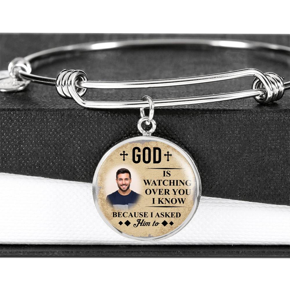 Personalized Photo God Is Watching Over You I Know Because I Asked Him to Circle Pendant Necklace - Bangle