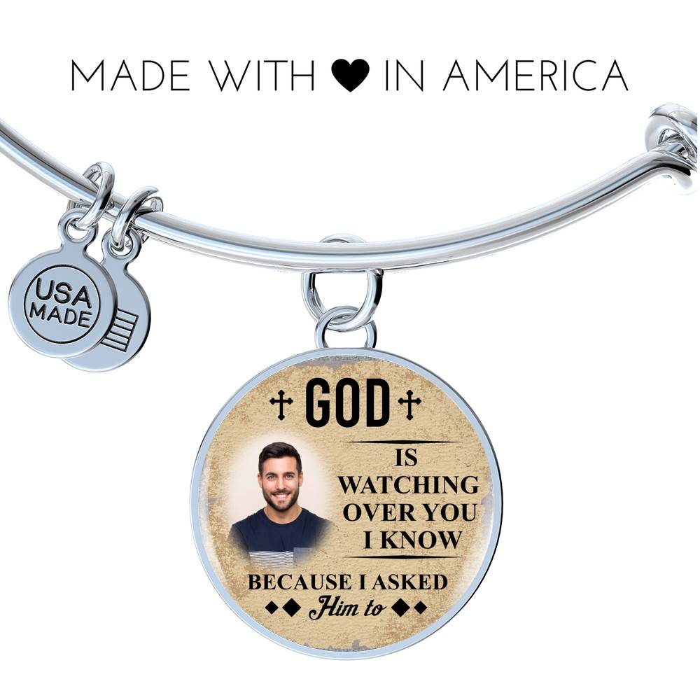 Personalized Photo God Is Watching Over You I Know Because I Asked Him to Circle Pendant Necklace - Bangle