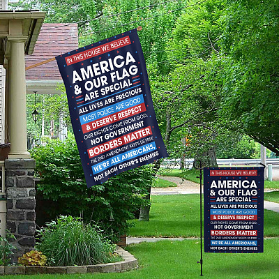 Alternative view of In This House We Believe America And Our Flag Are Special All Lives Are Precious Outdoor House Flag - Home Garden Flag