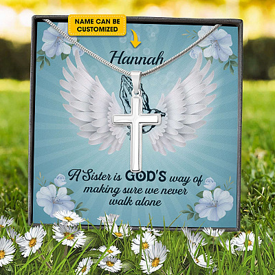 Alternative view of Personalized A Sister Is God's Way Of Making Sure We Never Walk Alone Artisan Crafted Cross Necklace