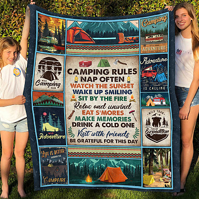 Camping Rules Nap Often Watch The Sunset Wake up Smiling Fleece Blanket - Mink Blanket