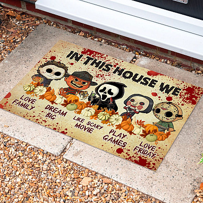 Horror In This House We Love Family Love Friday Doormat - Horror Friends Characters Indoor Outdoor Doormat