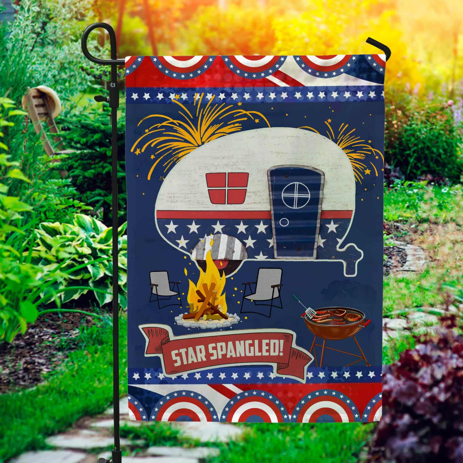 1HV. 4th Of July Camping (5) Garden Flag Mockup 1