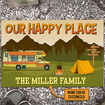 Personalized Welcome to Our Happy Place Camping Doormat - Personalized Welcome Doormat