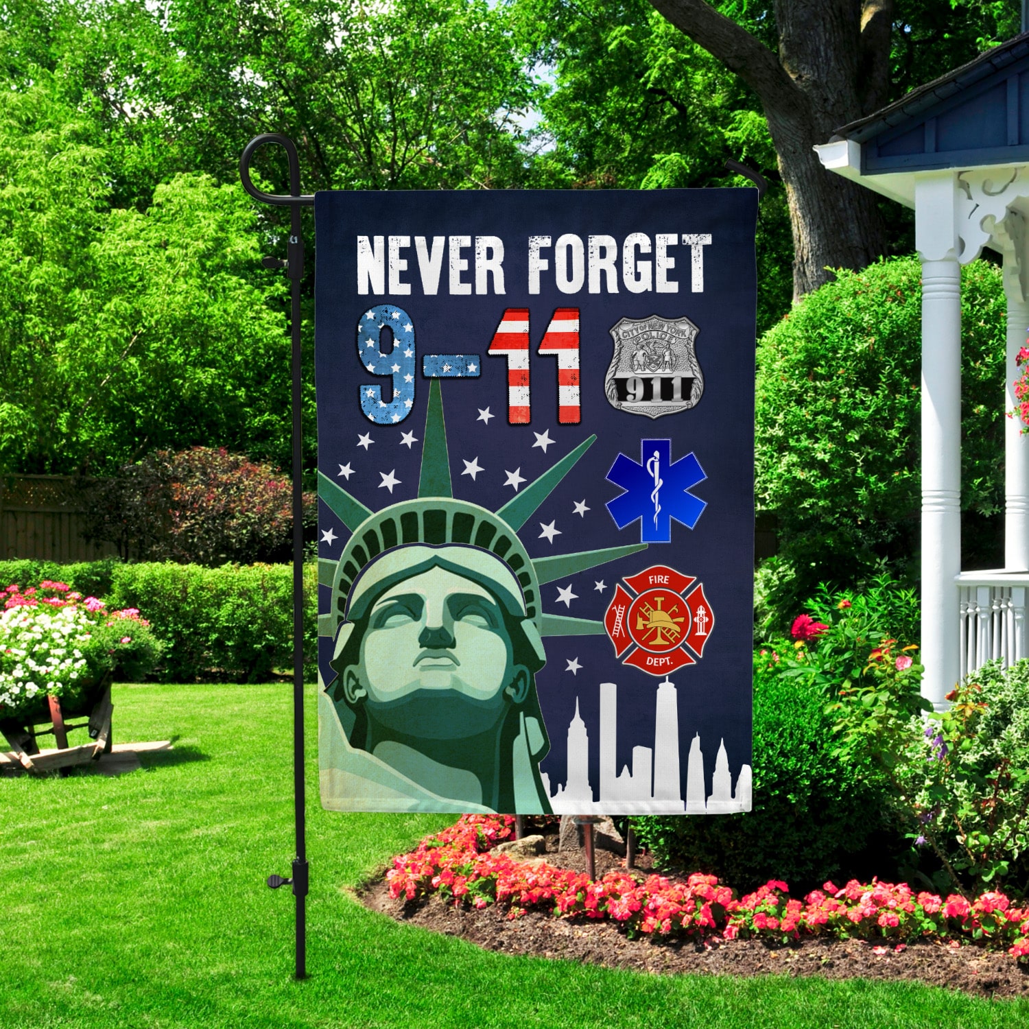 3KT. 9-11 Never Forget 30x40 Garden Flag Mockup 2