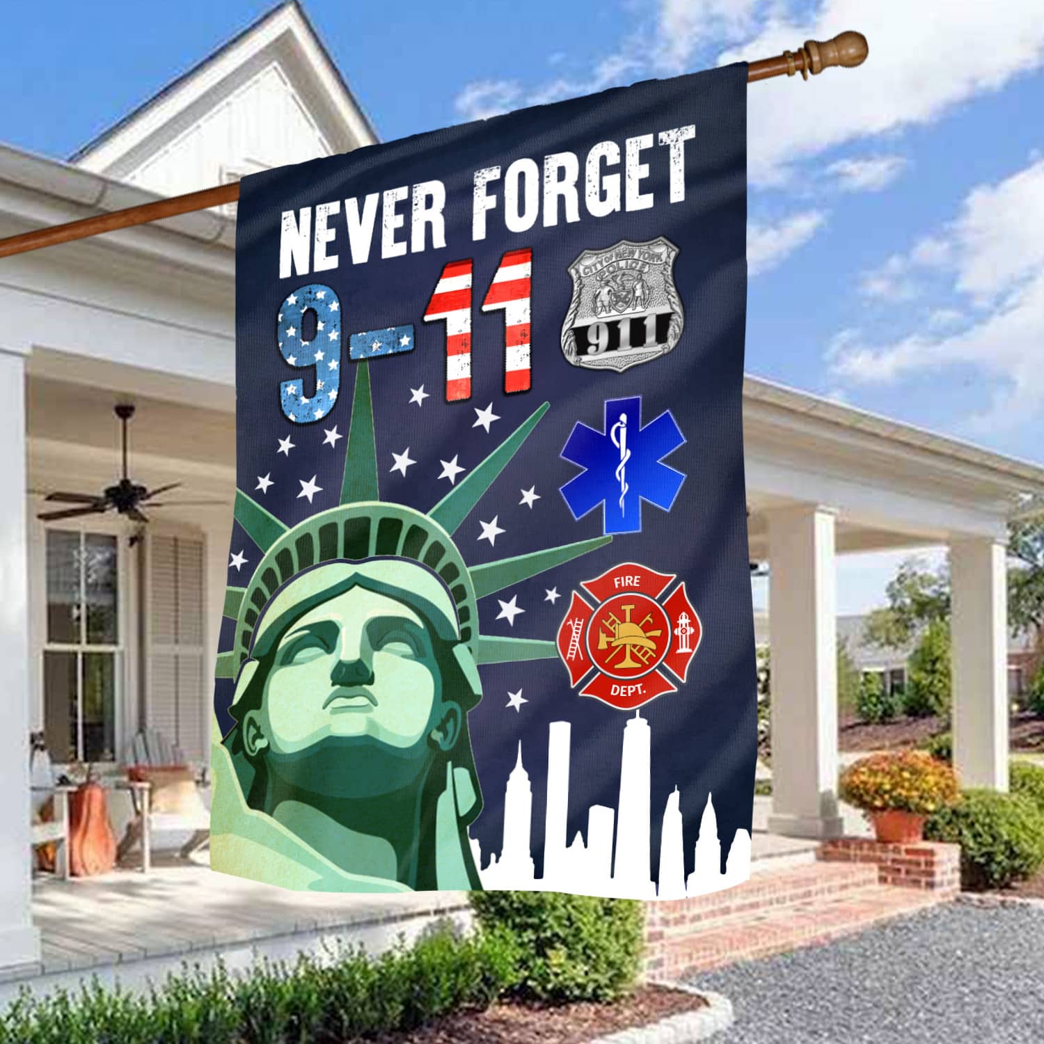 3KT. 9-11 Never Forget 30x40 House Flag Mockup 3