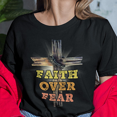 Alternative view of Faith Over Fear T-shirt - V-neck Tee - Jesus Cross Shirt - Christian Shirt - Religious Inspirational Shirt