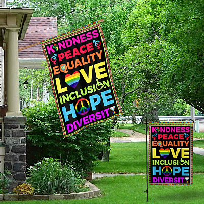 Alternative view of Kindness Peace Equality Love Inclusion Hope Diversity Outdoor House Flag - Home Garden Flag