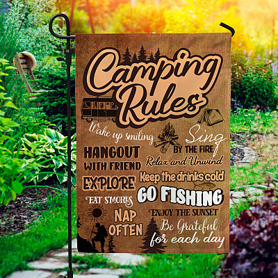 Camping Rules Wake up Smiling Hangout with Friends Decorative Garden Flag - House Flag
