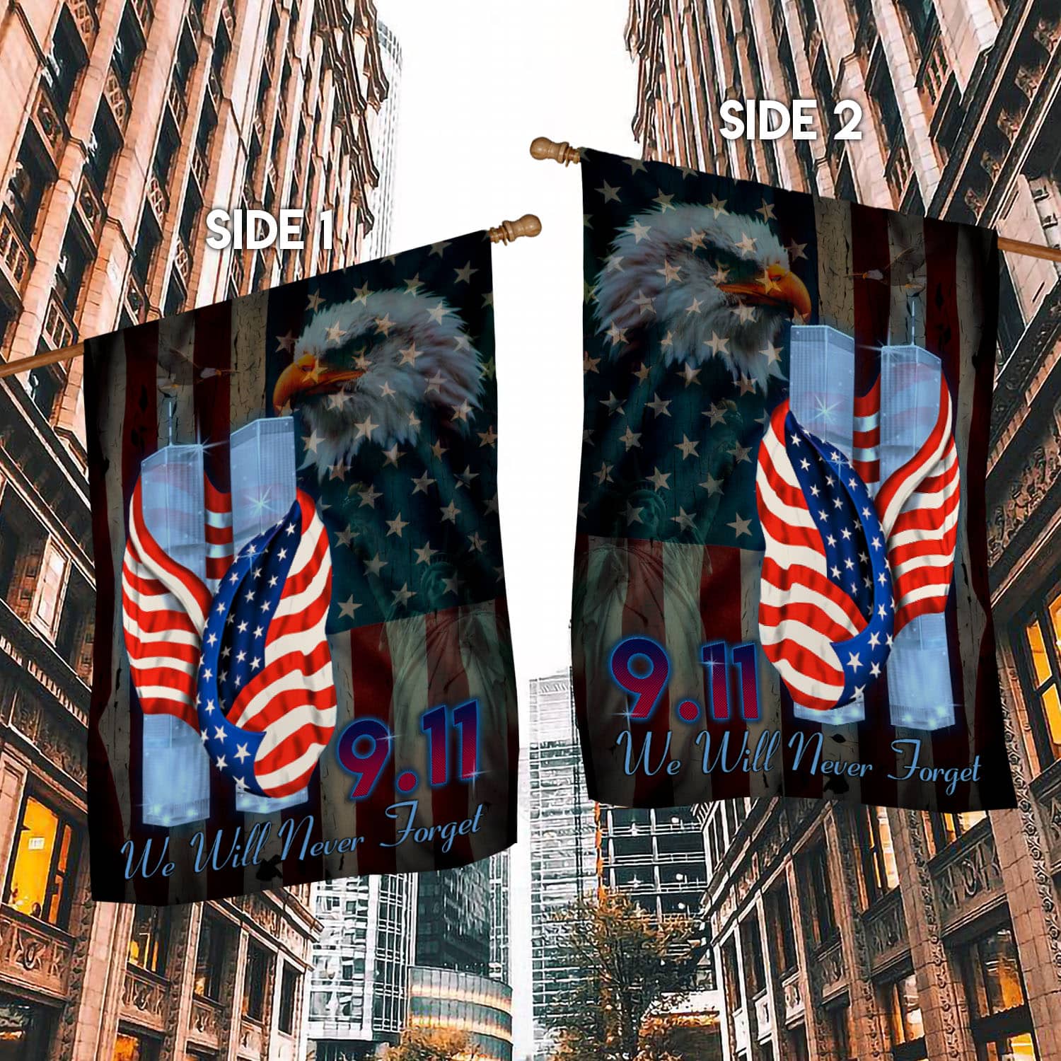 1O. Never Forget 9 11-30x40-Side 1 House Flag Mockup 2 Side-1