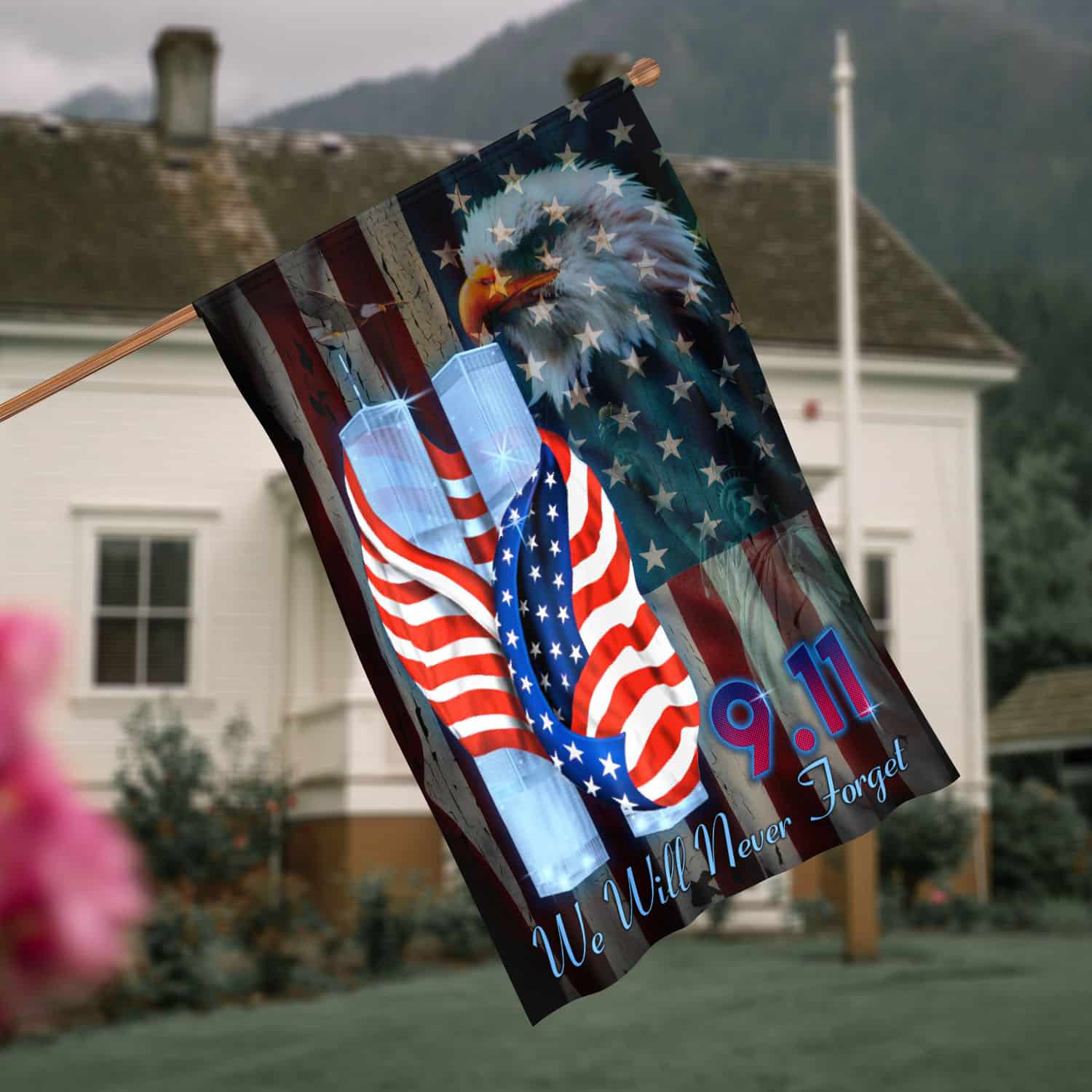 1O. Never Forget 9 11-30x40-Side 1 House Flag Mockup 4