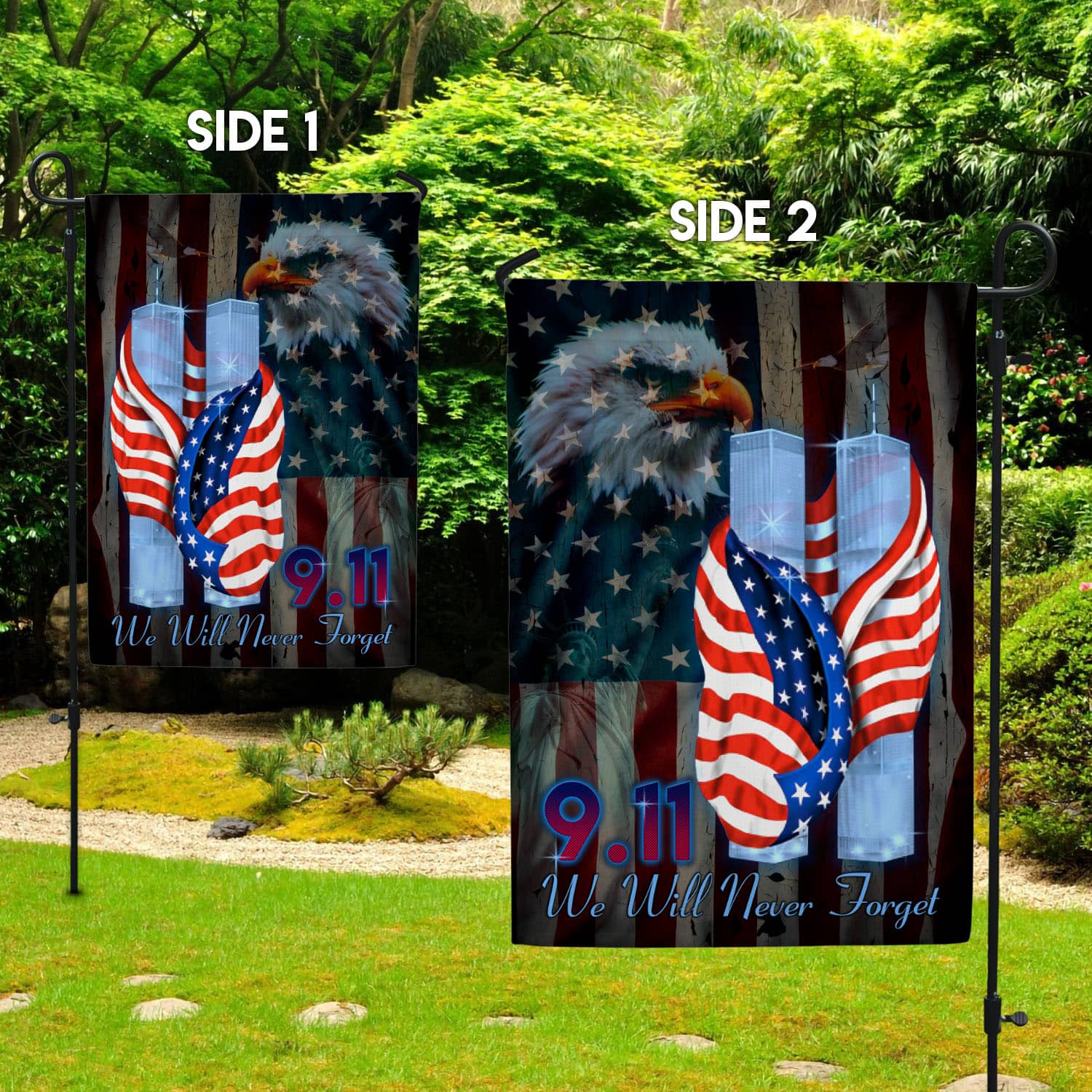 1O. Never Forget 9 11-30x40-Side 1 Garden Flag Mockup 2 Side
