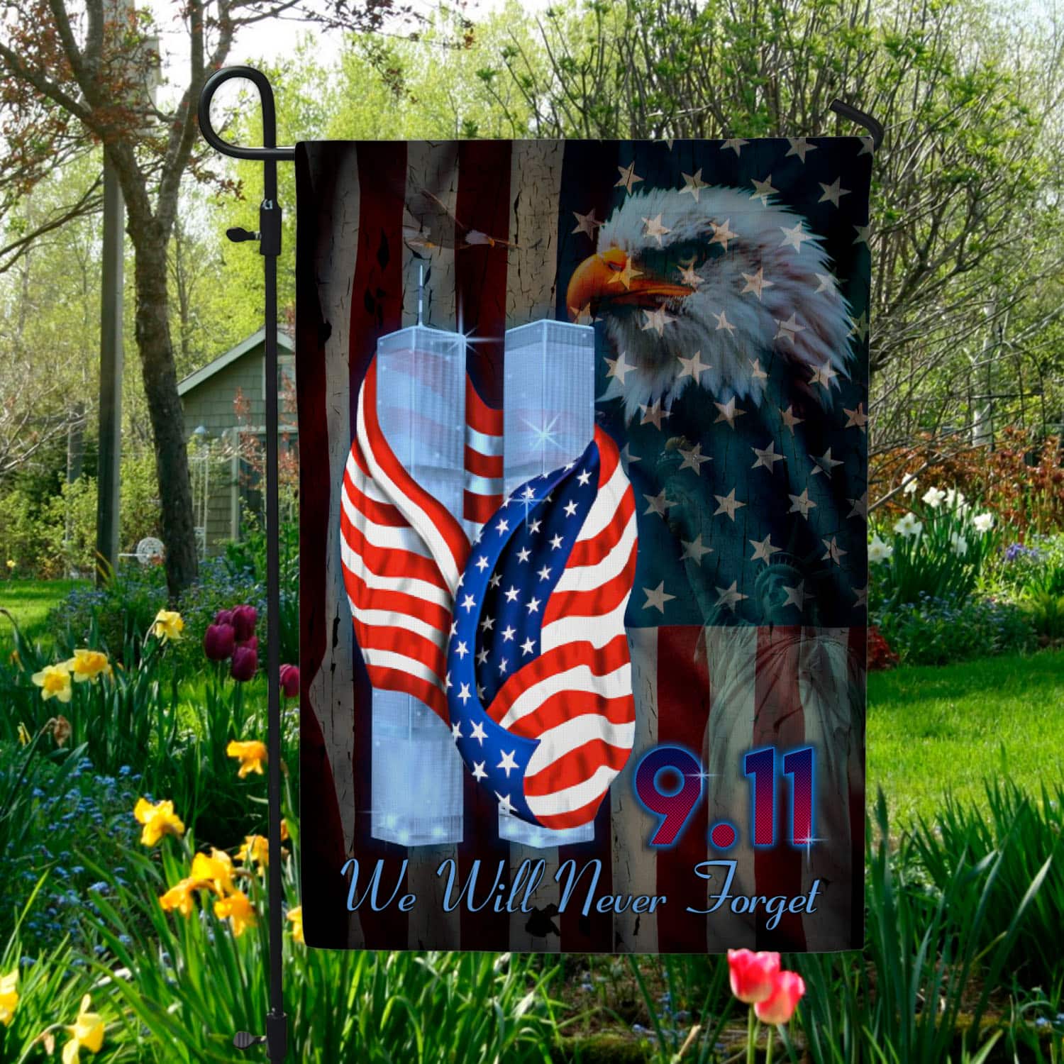 1O. Never Forget 9 11-30x40-Side 1 Garden Flag Mockup 5