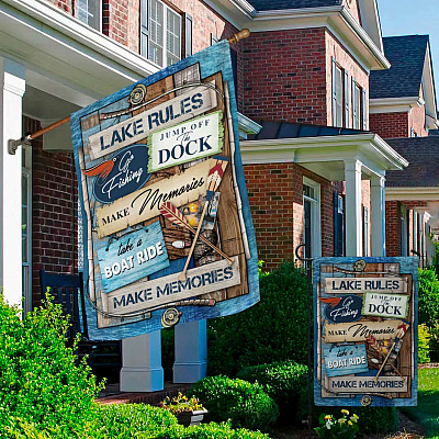 Alternative view of Lake Rules Slogan Go Fishing Make Memories Garden Flag - Jump Off the Dock House Flag - Wall Flag