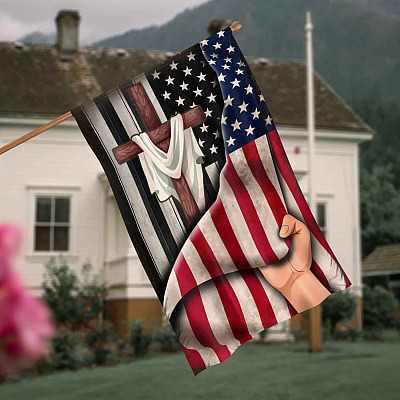 Cross Behind American Flag - God Jesus Christ Flag Outdoor Indoor Decorative Garden Flag - House Flag - Wall Flag