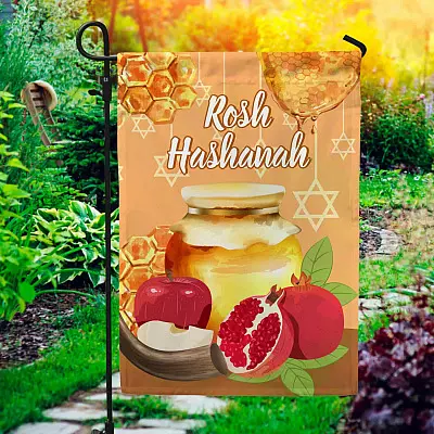 Happy Rosh Hashanah Jewish New Year With Apple Honey Shofar Garden Flag - House Flag - Wall Flag