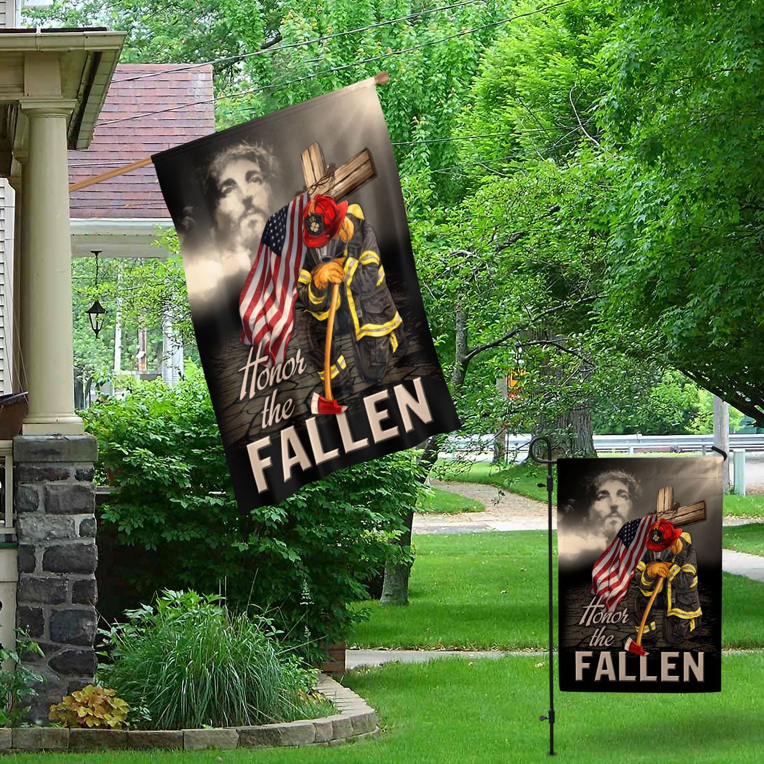 9VT. Firefighter Honor The Fallen Jesus Garden & House Mockup 1