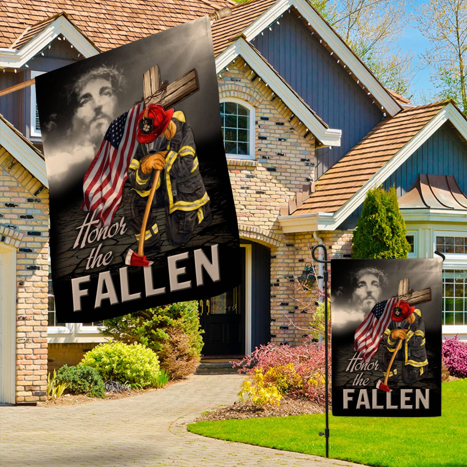 9VT. Firefighter Honor The Fallen Jesus Garden & House Mockup 3