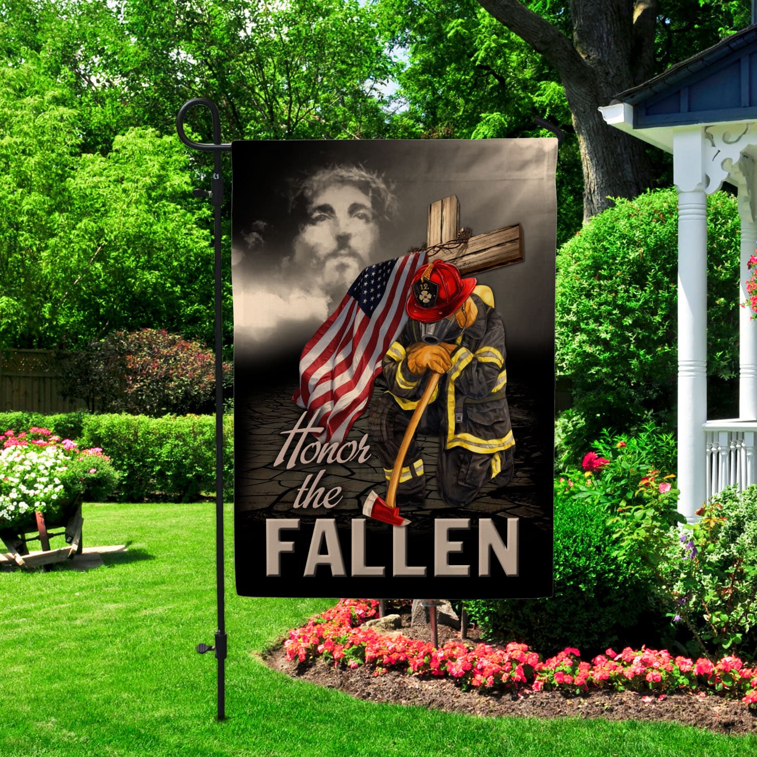 9VT. Firefighter Honor The Fallen Jesus Garden Flag Mockup 2