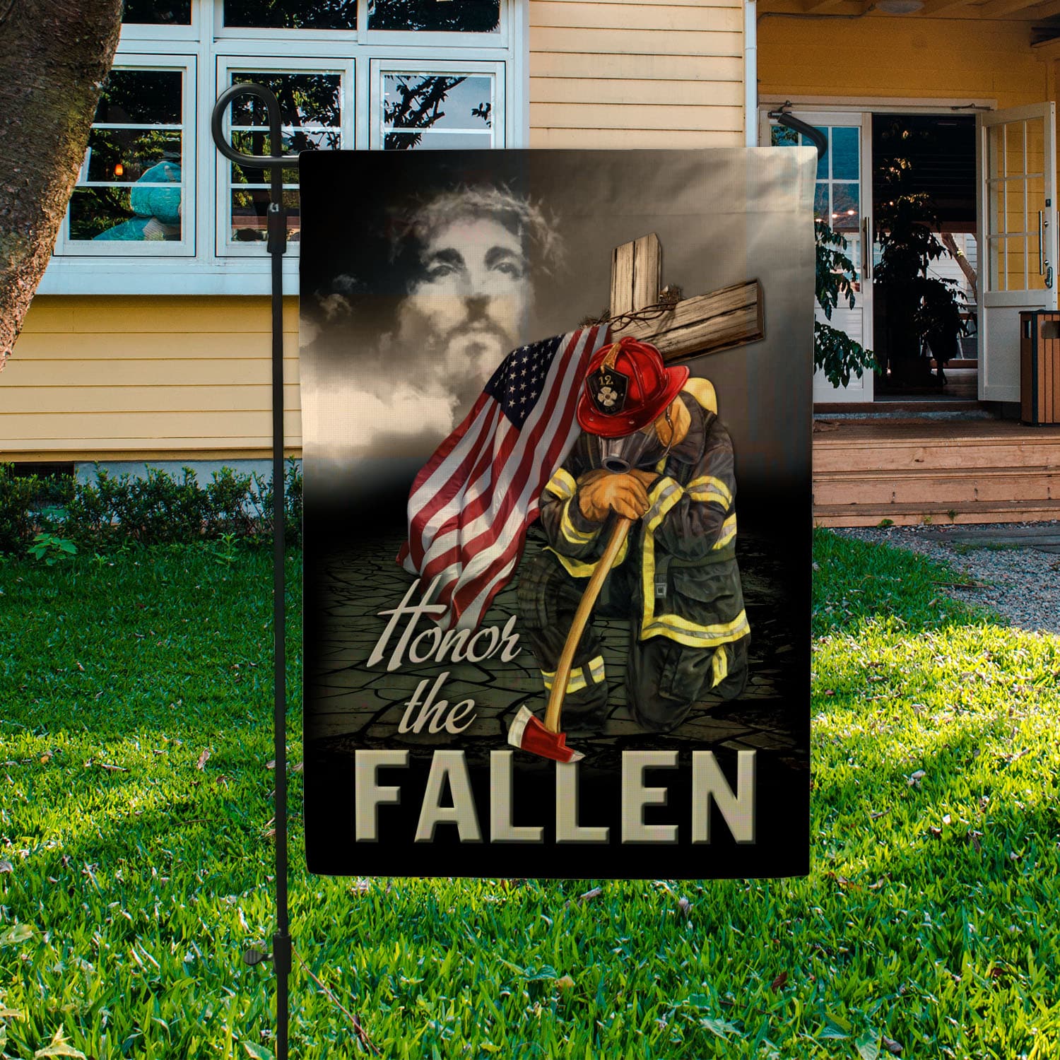 9VT. Firefighter Honor The Fallen Jesus Garden Flag Mockup 3