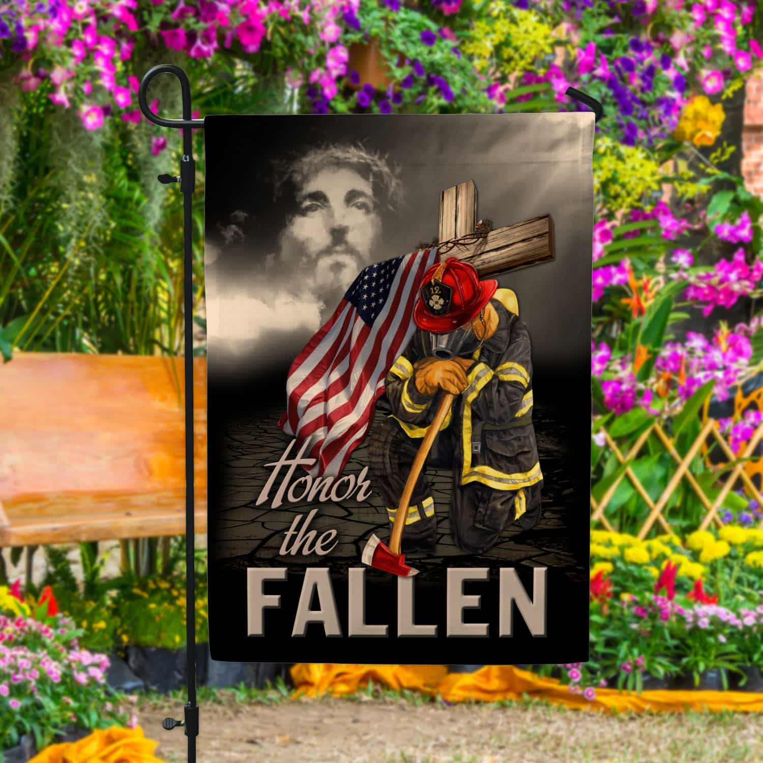 9VT. Firefighter Honor The Fallen Jesus Garden Flag Mockup 4