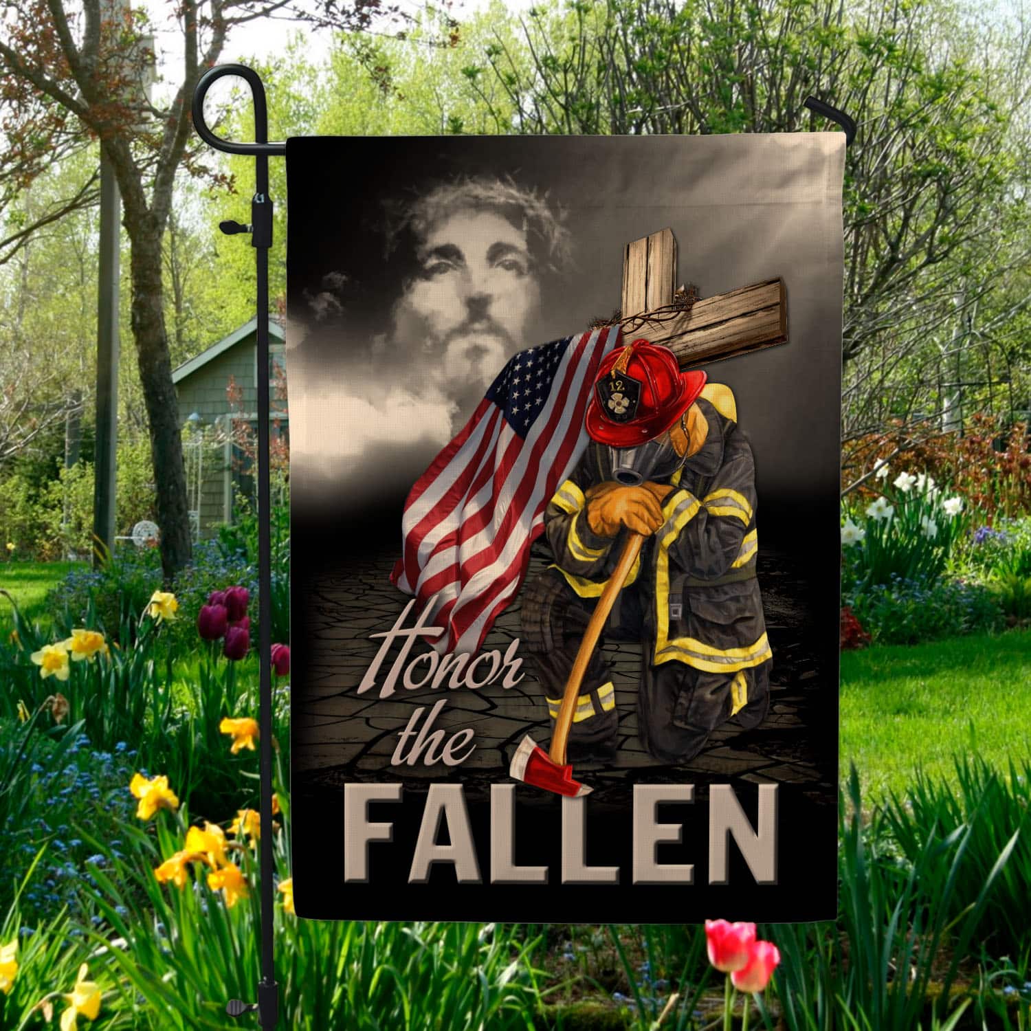 9VT. Firefighter Honor The Fallen Jesus Garden Flag Mockup 5