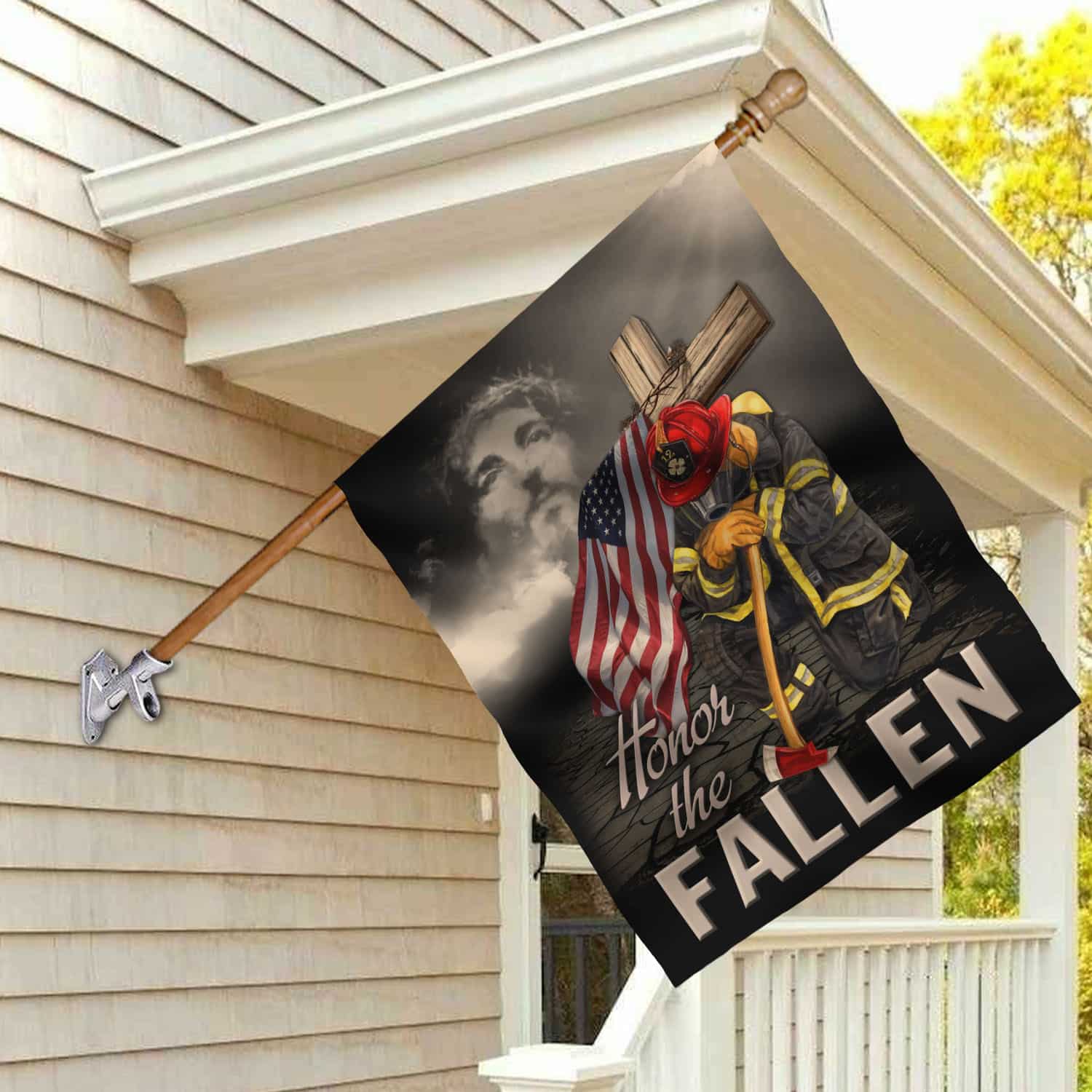 9VT. Firefighter Honor The Fallen Jesus House Flag Mockup 2