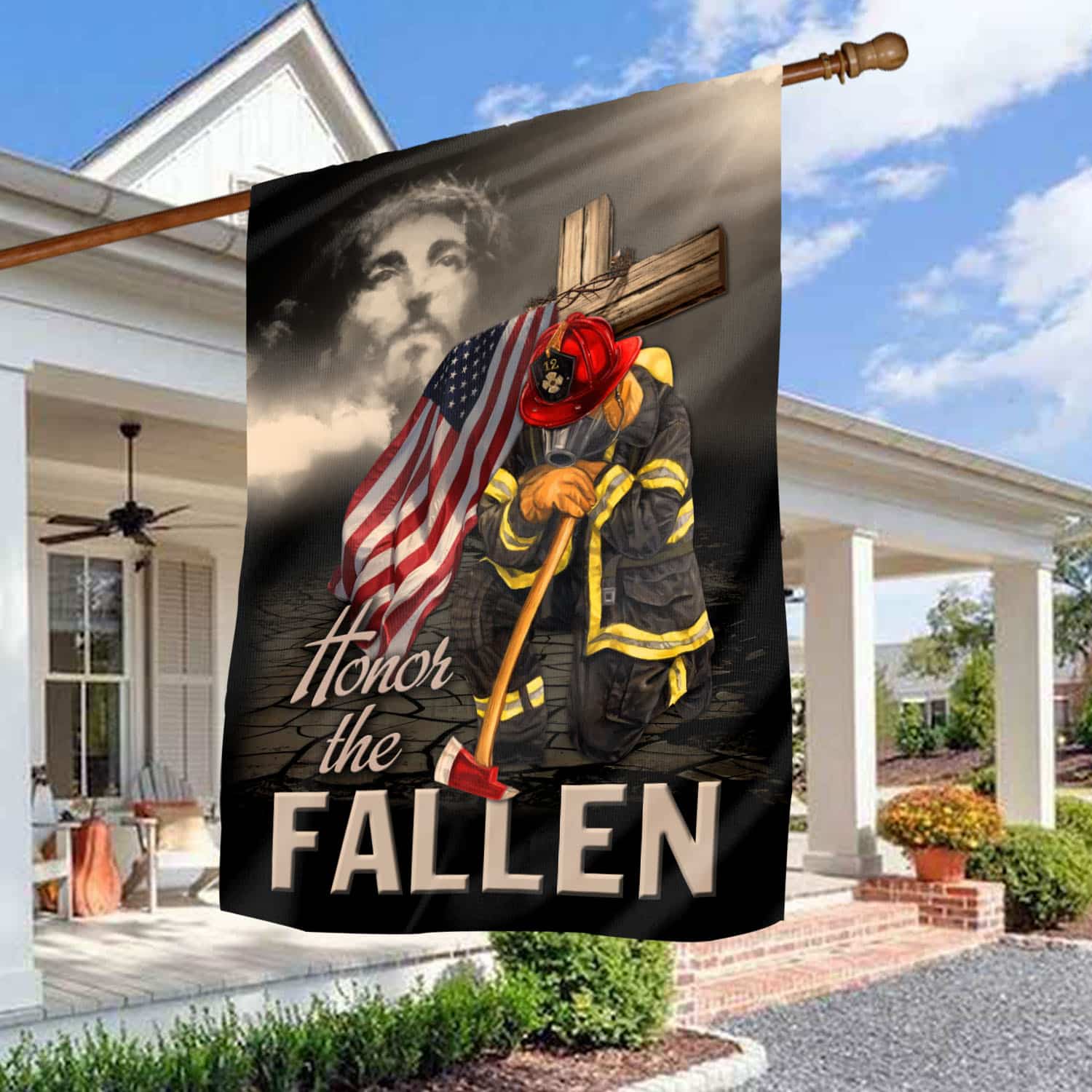9VT. Firefighter Honor The Fallen Jesus House Flag Mockup 3