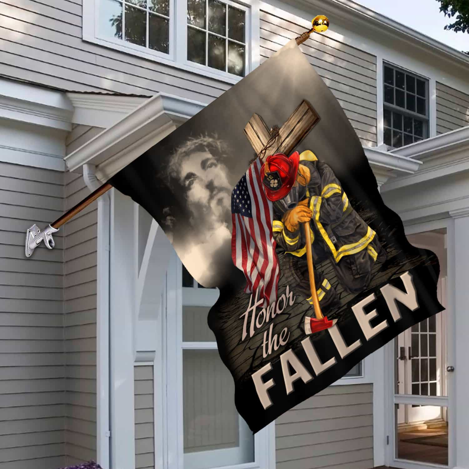 9VT. Firefighter Honor The Fallen Jesus House Flag Mockup 6