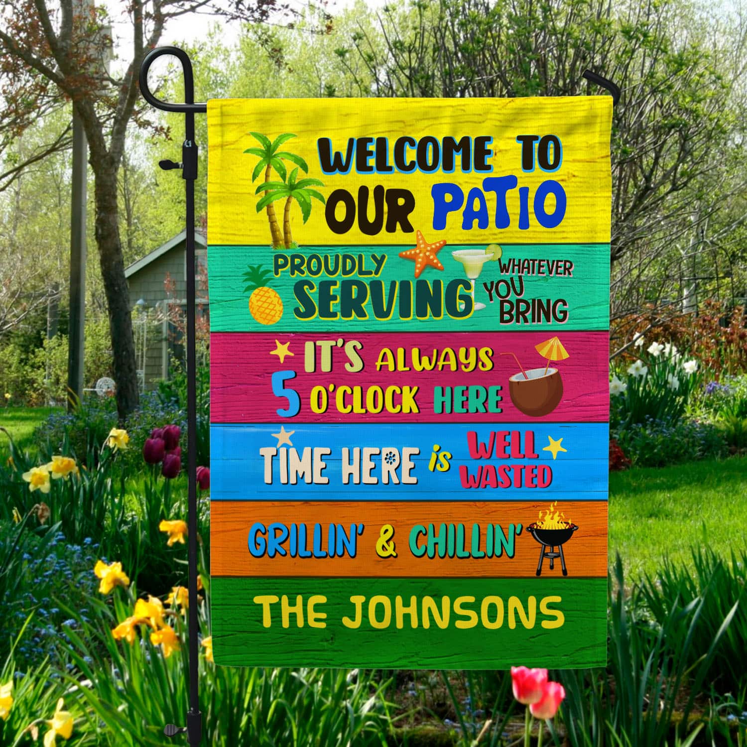 8VT. Welcom To Our Patio sample design Garden Flag Mockup 5