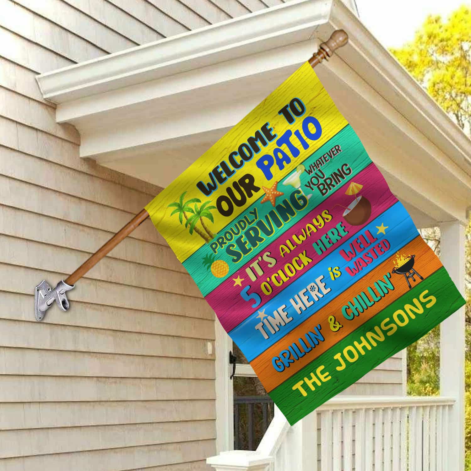 8VT. Welcom To Our Patio sample design House Flag Mockup 2