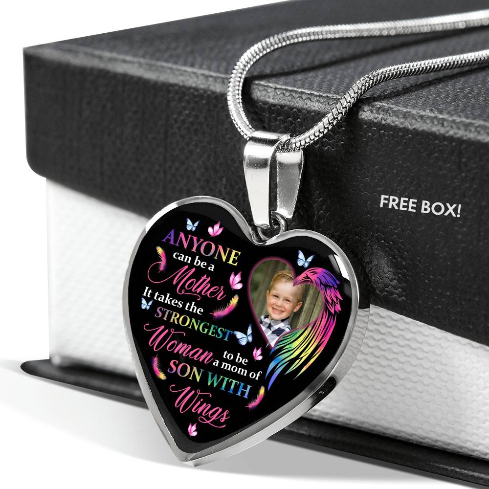 Personalized Photo Strongest Woman To Be A Mom Of Son With Wings Heart Pendant Necklace - Son With Wings Gift