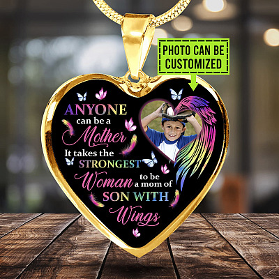 Personalized Photo Strongest Woman To Be A Mom Of Son With Wings Heart Pendant Necklace -  Son With Wings Gift
