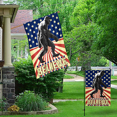 Alternative view of Believe Bigfoot American Vintage Retro Garden Flag - Sasquatch Hunter Believer Sign Outdoor Wall House Flag