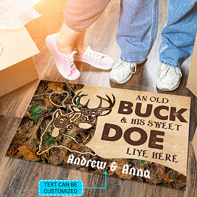 Personalized Name An Old Buck And His Sweet Doe Live Here Entrance Indoor Outdoor Doormat - Indoor Decorative Doormat