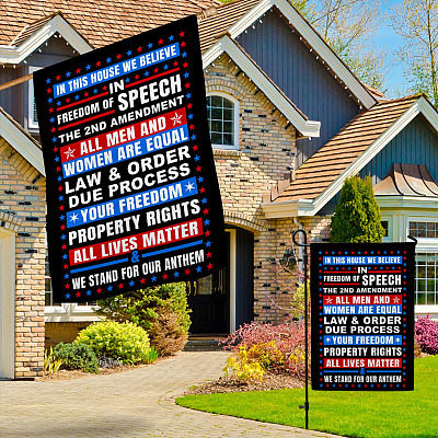 Alternative view of In This House We Believe Freedom Of Speech The 2nd Amendment Garden Flag - House Flag