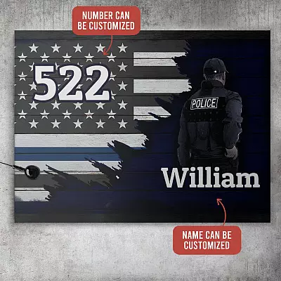 Personalized Police Badge Number Thin Blue Line Lives Matter American Flag Framed Canvas - Unframed Poster