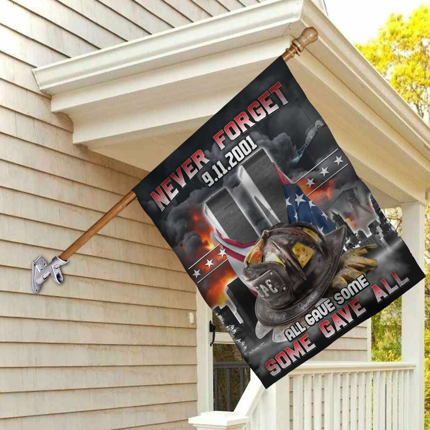 5VT. Firefighter Never Forget All Gave Some House Flag Mockup 2