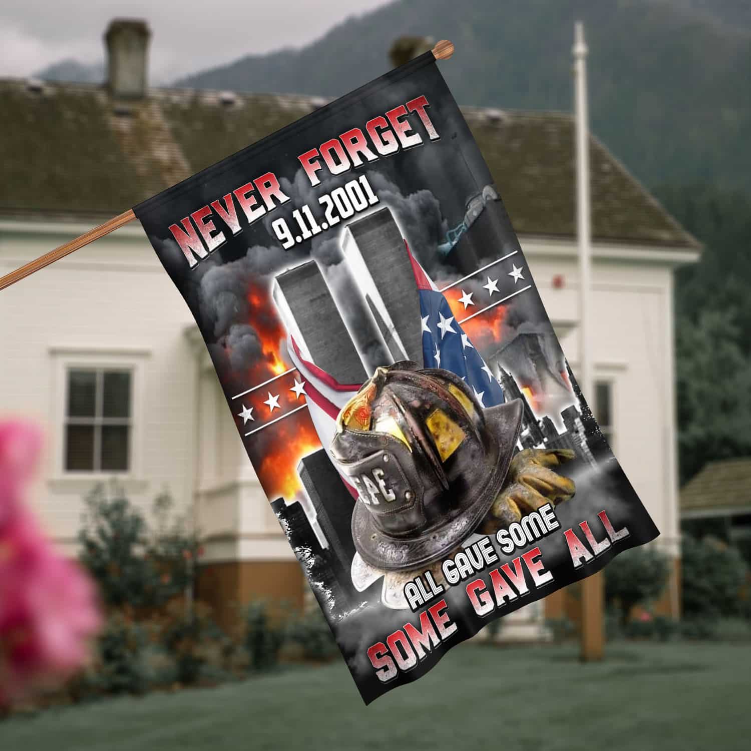 5VT. Firefighter Never Forget All Gave Some House Flag Mockup 4