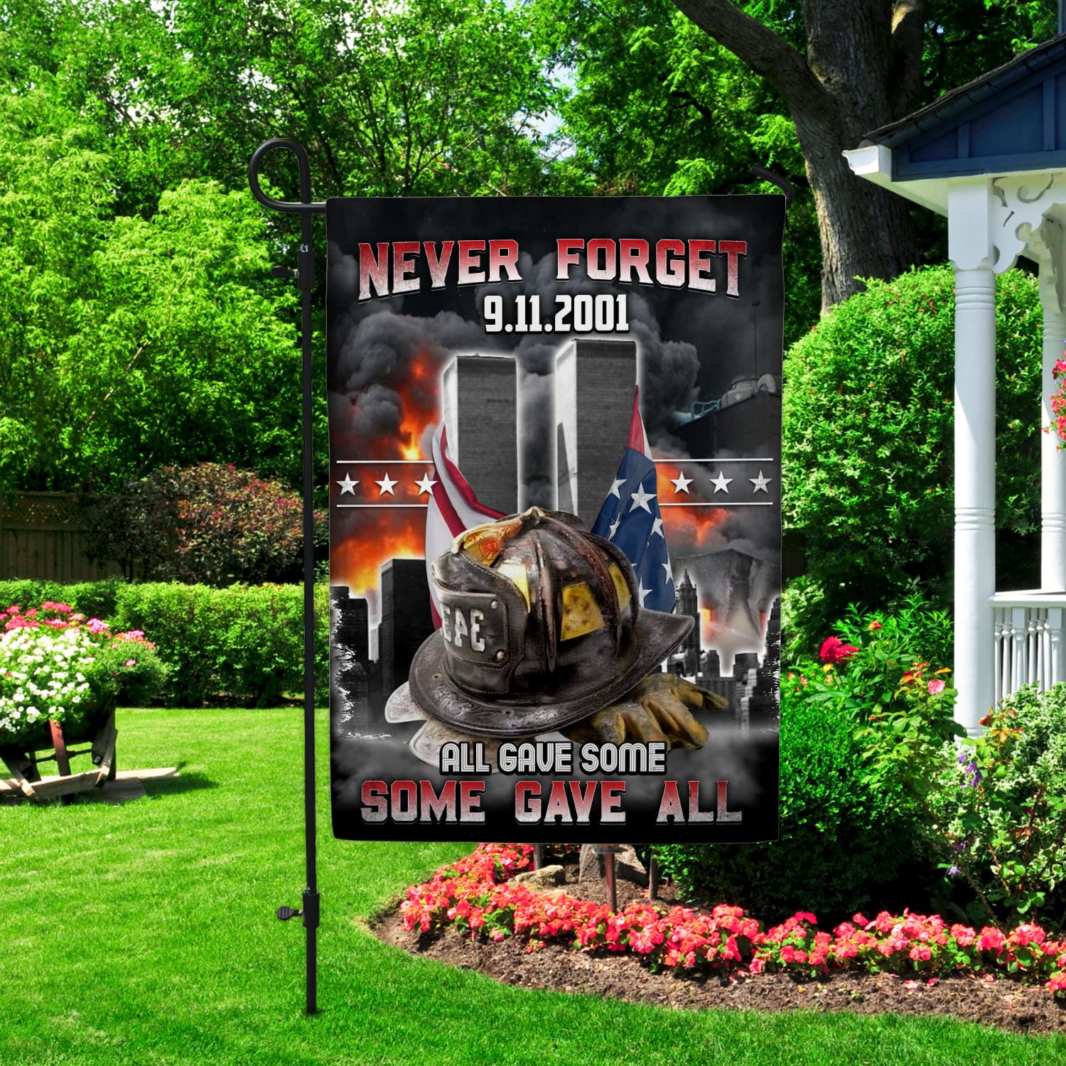 5VT. Firefighter Never Forget All Gave Some Garden Flag Mockup 2