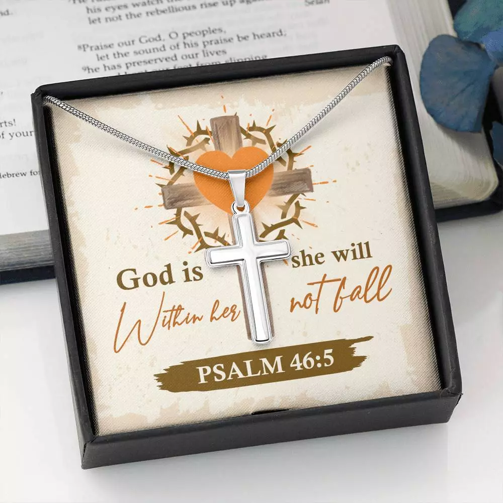 God Is Within Her She Will Not Fall Psalm 46 5 Artisan Crafted Cross Necklace - God Necklace