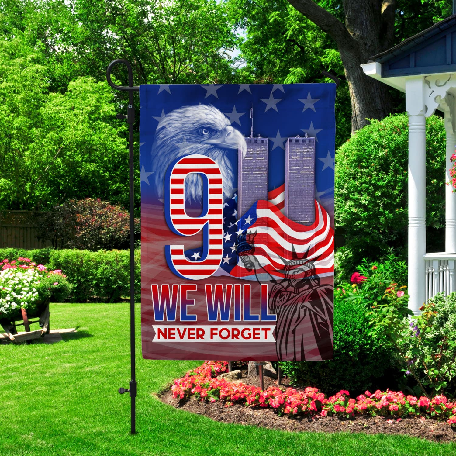 7VT. 9 11 We Will Never Forget Garden Flag Mockup 2