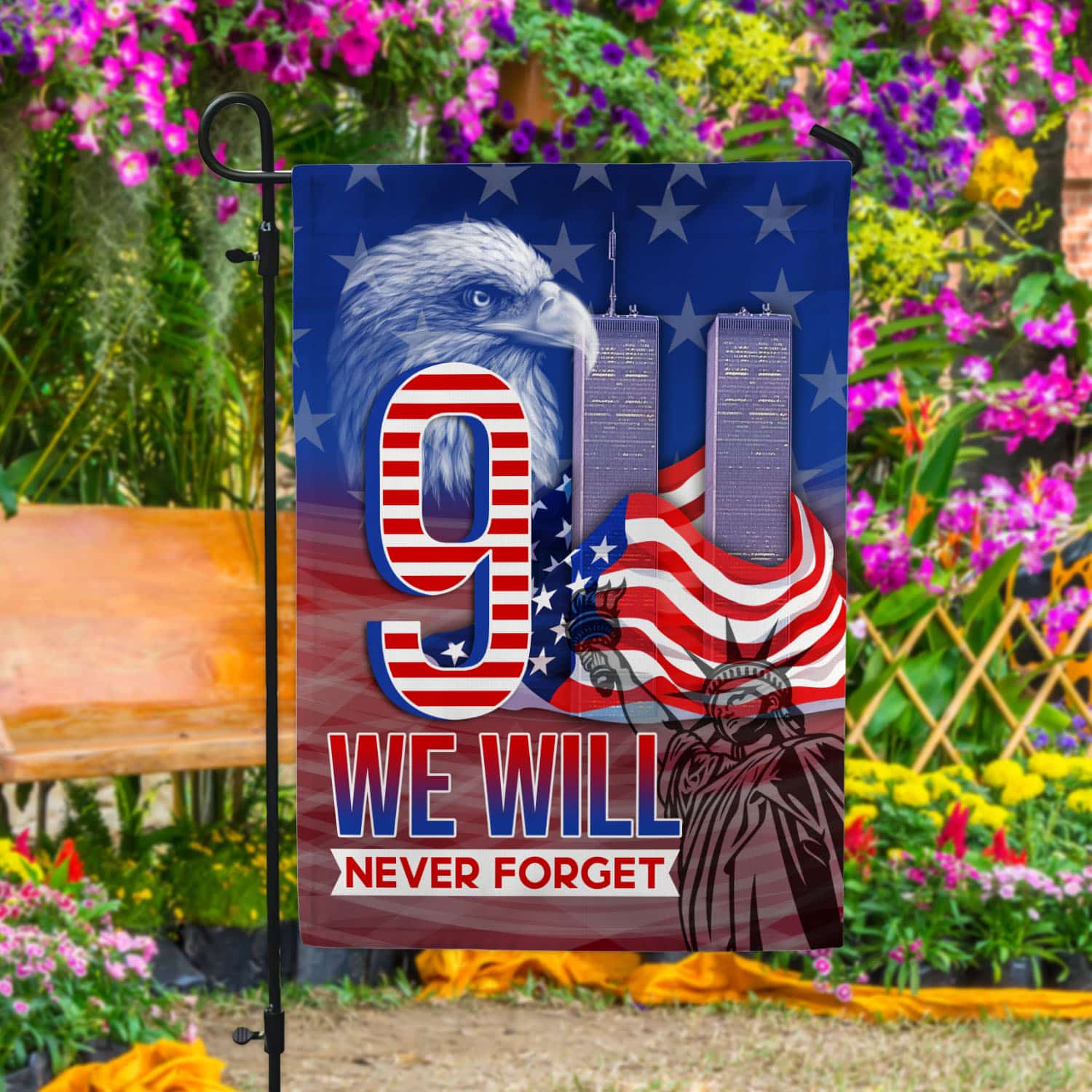 7VT. 9 11 We Will Never Forget Garden Flag Mockup 4
